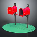 Sturdy Two Classic Red Mailboxes With MAIL Lettering On Green Base