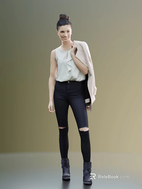 Woman Wearing Sleeveless Top Dark Ripped Jeans With Light Coat Over Shoulder Against Green Background 3d model 
