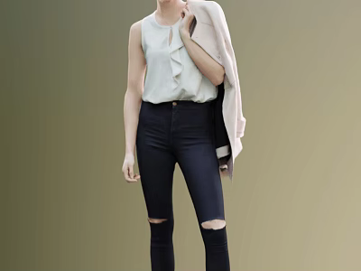 Woman Wearing Sleeveless Top Dark Ripped Jeans With Light Coat Over Shoulder Against Green Background 3d model