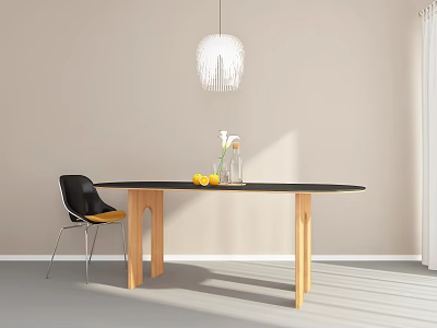 Modern Dining Table Set With Black Tabletop Wooden Legs And Black Chair In Bright Room 3d model