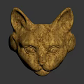 Golden Egyptian Style Cat Head Sculpture With Textured Surface And Dark Background Reflection