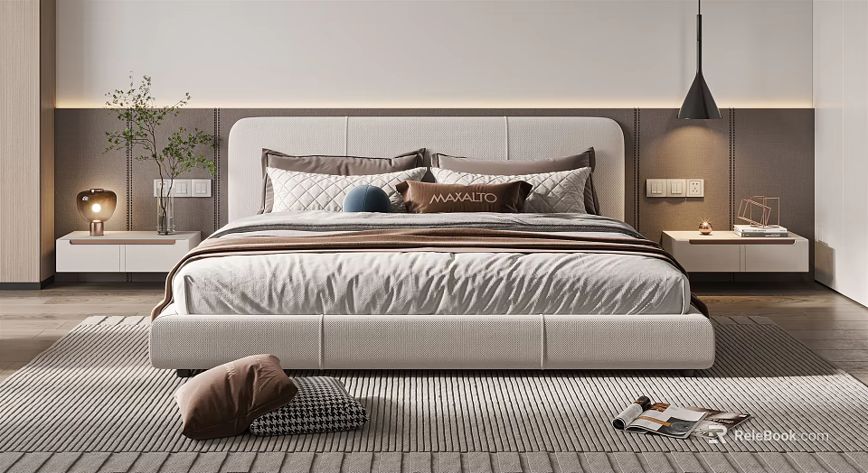 Modern Double Bed With Plush Pillows Headboard Design Nightstands Green Plant And Rug 3d model 