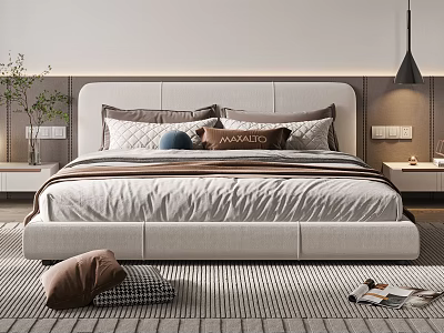 Modern Double Bed With Plush Pillows Headboard Design Nightstands Green Plant And Rug 3d model