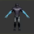Mythical Game Movie Character With Wolf Head Purple Torso And Blue Glowing Arms