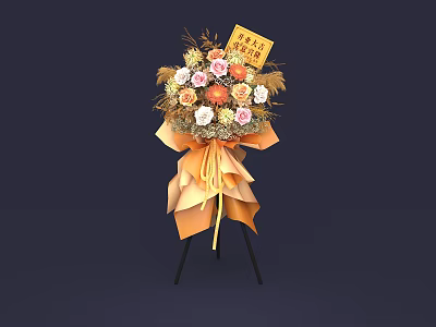 Colorful Flower Bouquet With Orange Wrapping Paper Yellow Card And Tripod Stand 3d model