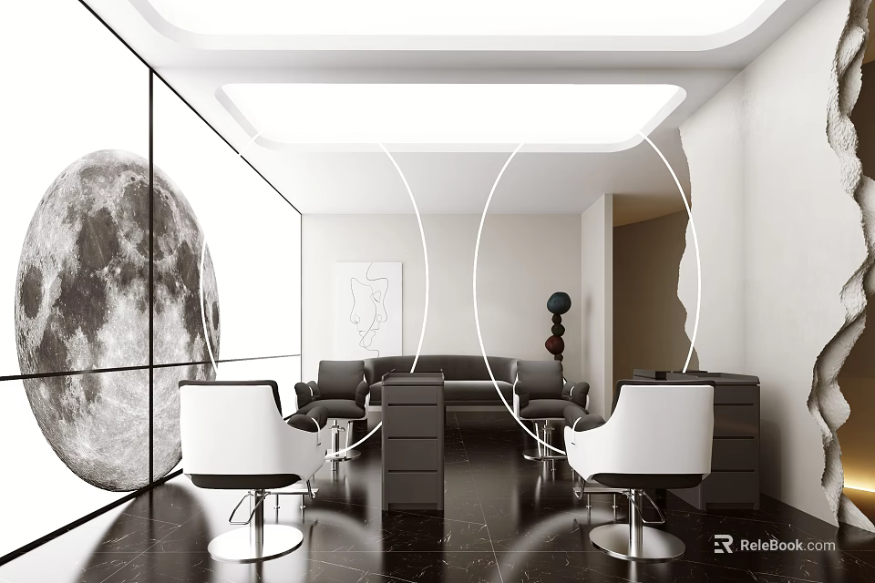 Modern Beauty Hair Salon Interior Design With White Chairs Round Mirrors And Black Marble Floor 3d model 