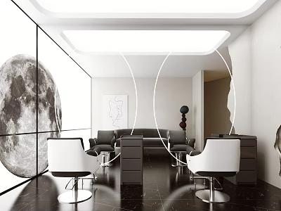 Modern Beauty Hair Salon Interior Design With White Chairs Round Mirrors And Black Marble Floor 3d model