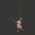 Game Movie Character Marionette With Red Mask Holding Sword And Shield Controlled By Strings