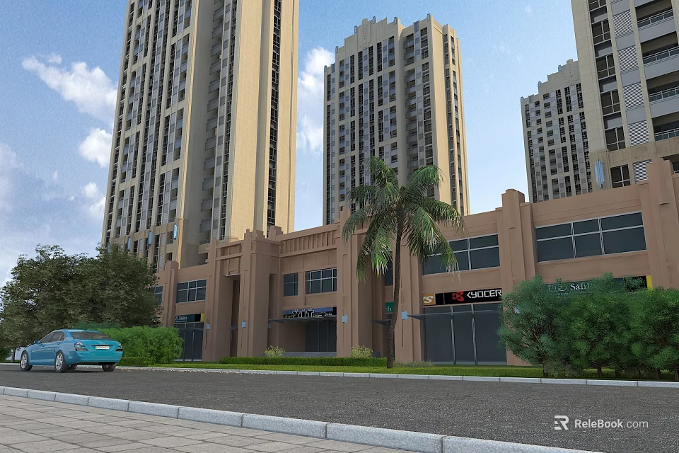 Municipal Road With High Rise Brown Buildings Palm Tree Shops And Blue Car 3d model 