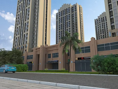 Municipal Road With High Rise Brown Buildings Palm Tree Shops And Blue Car 3d model