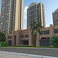 Municipal Road With High Rise Brown Buildings Palm Tree Shops And Blue Car