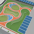 Modern Park Landscape With Curved Pathways Green Lawns Small Ponds Solar Panel Area And Pavilion