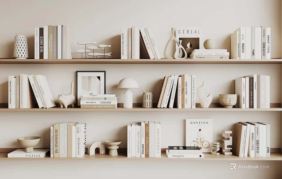Minimalist Light Tone Bookshelf Decor With Decorative Ornament Sets And White Books 3d model 