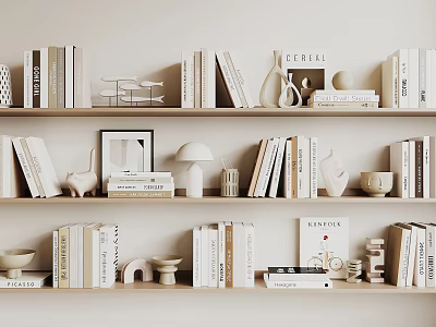 Minimalist Light Tone Bookshelf Decor With Decorative Ornament Sets And White Books 3d model