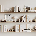 Minimalist Light Tone Bookshelf Decor With Decorative Ornament Sets And White Books