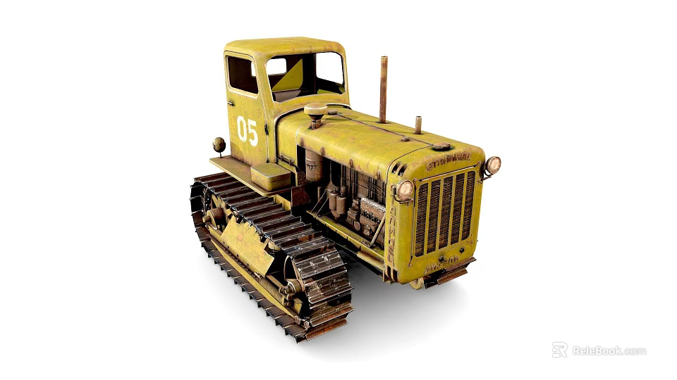 Old Yellow Tracked Tractor With Functional Cab Vintage Work Vehicle 09 3d model 