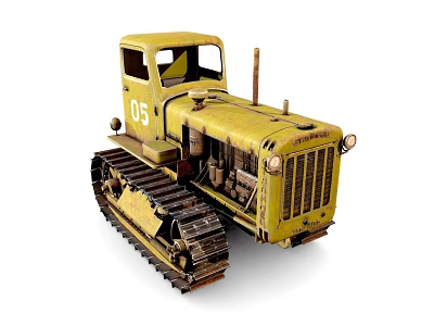 Old Yellow Tracked Tractor With Functional Cab Vintage Work Vehicle 09 3d model
