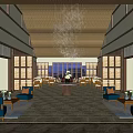 Elegant Hotel Lobby With Grand Chandelier Marble Floor And Blue Sofas