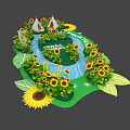 Scenic Sunflower Garden With River Tents Green Grass And Leaves