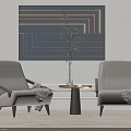 Beige Leisure Chairs With Small Round Table Green Plant And Illuminated Abstract Wall Art