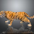 Plush Striped Tiger Toy Standing On Reflective Black Surface With Gradient Background