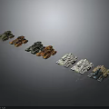 Various Military Vehicle Models With Different Color Paint Finishes Arranged In A Row