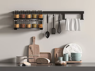 Wall Mounted Kitchen Utensils Rack With Hanging Tools Jars Cutting Boards And Bowls 3d model