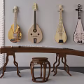 Traditional Musical Instruments Interior With Hanging Lutes Guzheng On Table And Wooden Stool