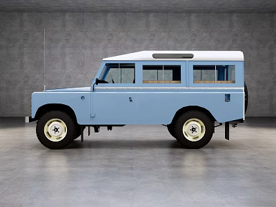 Classic Blue Off Road Vehicle With Vintage Design Roof Windows And White Wall Wheels 3d model