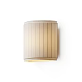 Beige Cylindrical Striped Fabric Wall Lamp With Black Cord On White Wall