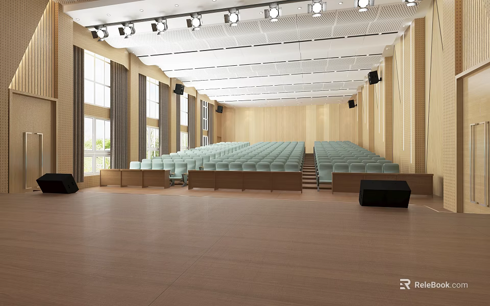 Modern Conference Room Interior With Tiered Seating Wooden Walls Large Windows Stage And Lighting 3d model 