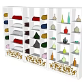 White Display Shelves With Multiple Compartments Displaying Colorful Items And Decorative Base