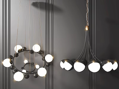 Modern Chandeliers With White Globes And Black Frames Hanging On Dark Walls 3d model