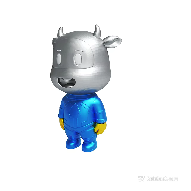 Cartoon Cow Character With Silver Head Blue Body Yellow Gloves And Blue Shoes 3d model 