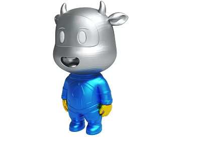 Cartoon Cow Character With Silver Head Blue Body Yellow Gloves And Blue Shoes 3d model