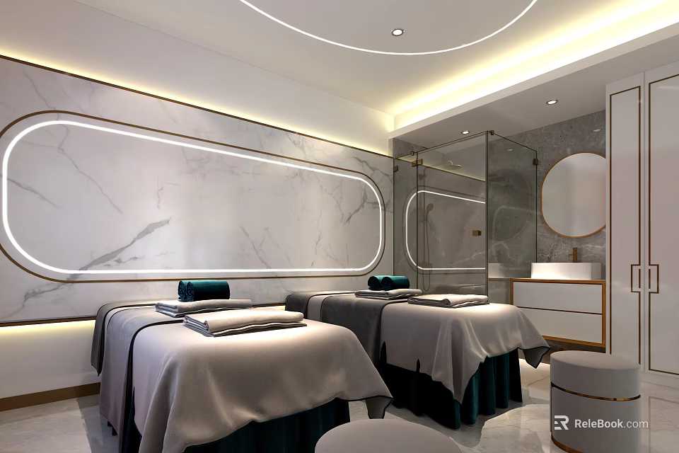 Elegant Modern SPA Sauna Interior With Marble Walls Massage Beds And Soft Lighting 3d model 