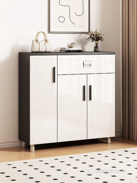 Modern Black and White Shoe Cabinet with Glossy Surface Drawer Double Doors and Decorative Items 3d model