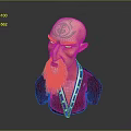 3D Game Movie Character Bald Head With Green Forehead Symbol Long White Beard Pink Outfit