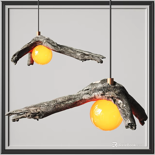 Unique Shaped Pendant Lights with Natural Tree Branch Design and Orange Spherical Bulbs 3d model 