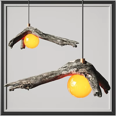 Unique Shaped Pendant Lights with Natural Tree Branch Design and Orange Spherical Bulbs 3d model