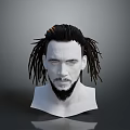 3D Character Head Model Featuring Dreadlock Hairstyle Bearded Male Face White Neck Gray Background