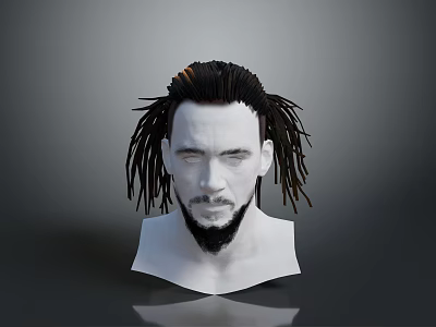 3D Character Head Model Featuring Dreadlock Hairstyle Bearded Male Face White Neck Gray Background 3d model