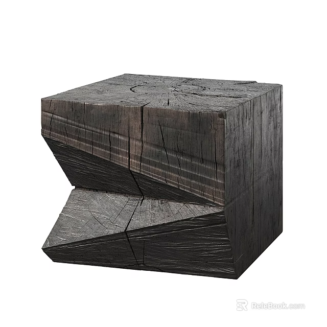 Unique Handcrafted Wooden Cube Sculpture With Geometric Cut And Textured Surface Design 3d model 