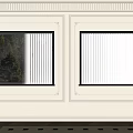 Casement Windows on White Walls with Black Frames Decorative Moldings Open Blinds and Trees Outside