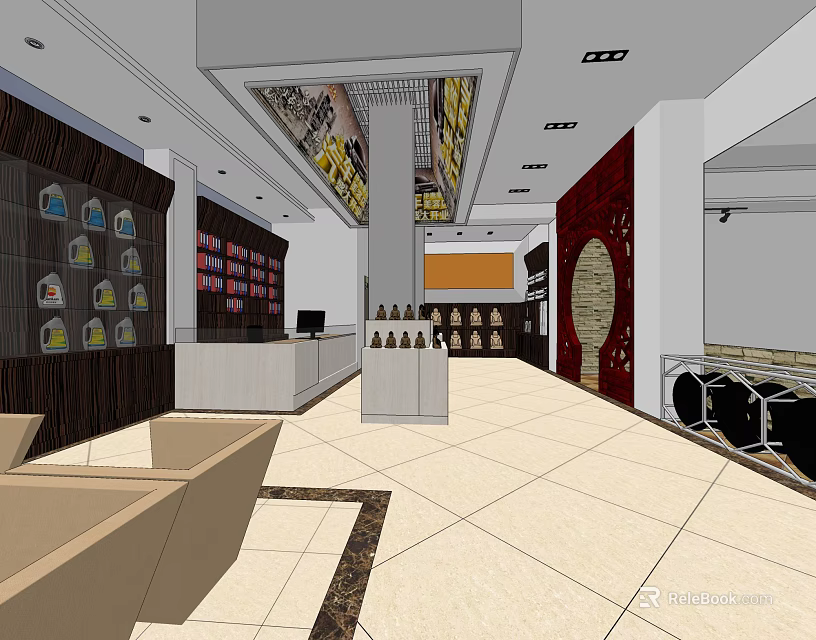 Modern Front Desk Reception Area With Display Shelves Sofa And Tile Flooring 3d model 