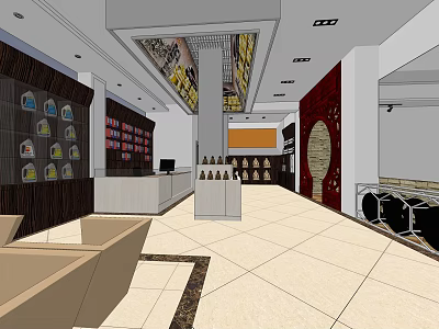Modern Front Desk Reception Area With Display Shelves Sofa And Tile Flooring 3d model