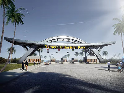 Sanera Industrial Park Modern Entrance Gate With Palm Trees And People Walking 3d model