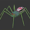 Mechanical Spider With Long Metal Legs Silver Body Red Cross Symbol And Red Eyes