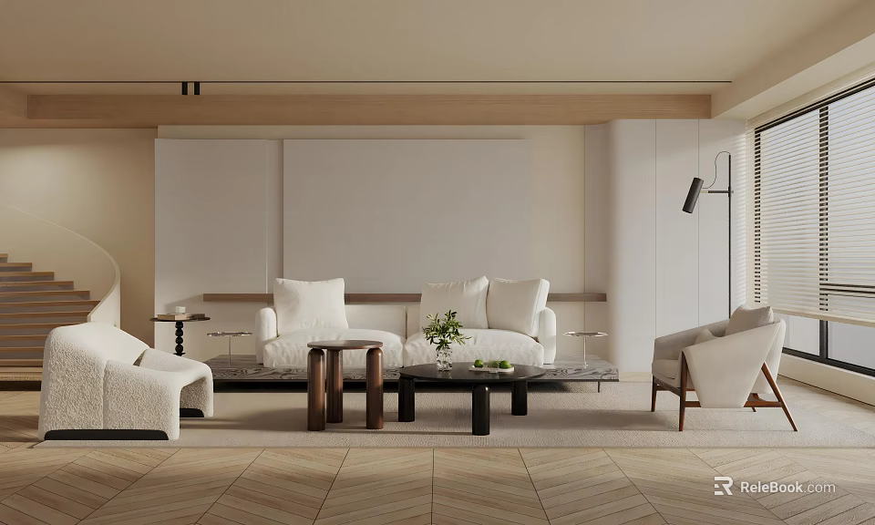 Modern Living Room Interior With White Sofa Wooden Coffee Table Armchair And Geometric Rug Lighting 3d model 