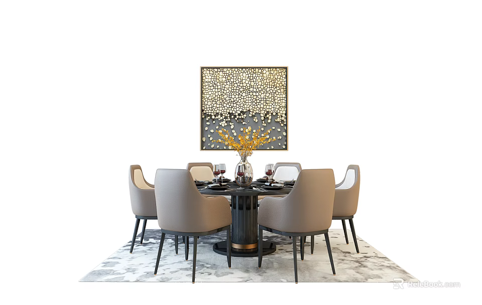 Elegant Round Dining Table Set With Chairs Decorative Painting And Rug 3d model